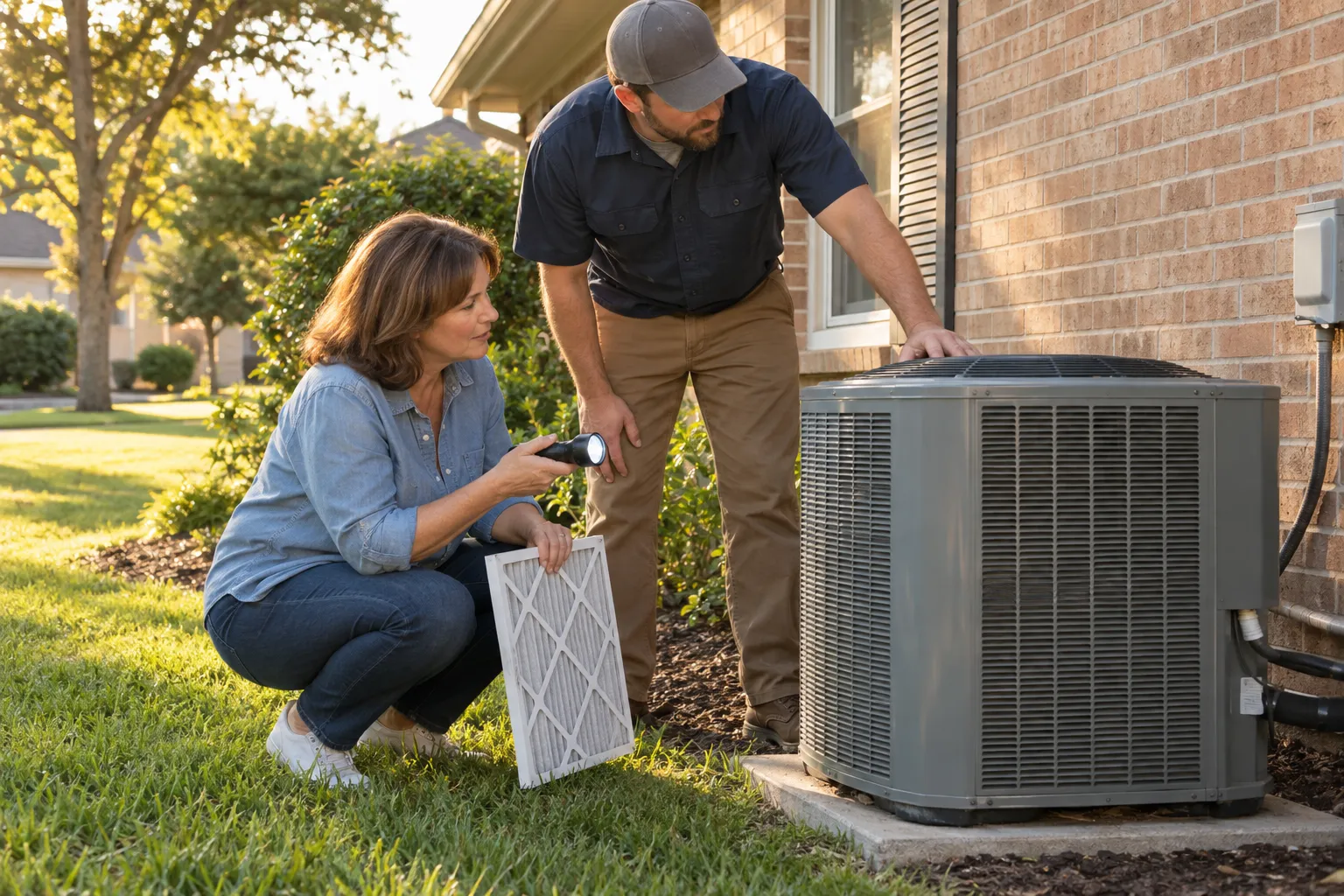 Homeowner checking the outdoor AC unit on a hot summer day near a home in the Hammond area