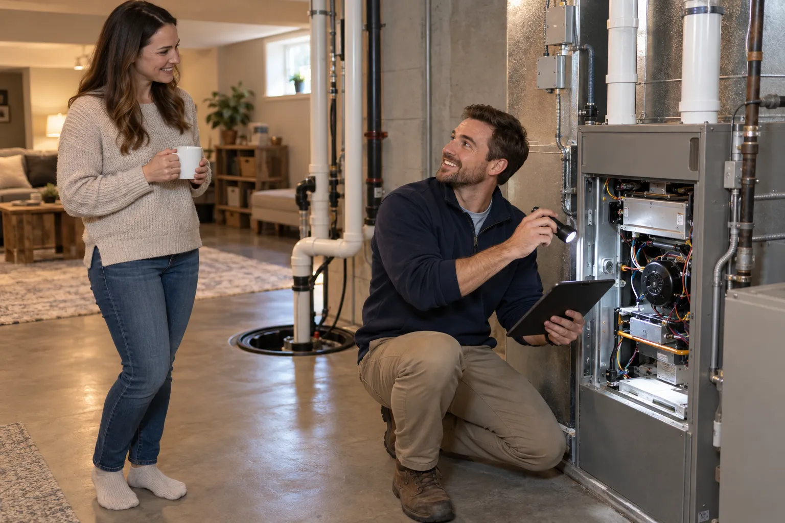 Friendly HVAC provider checking a gas furnace in a Hammond basement while a homeowner looks on