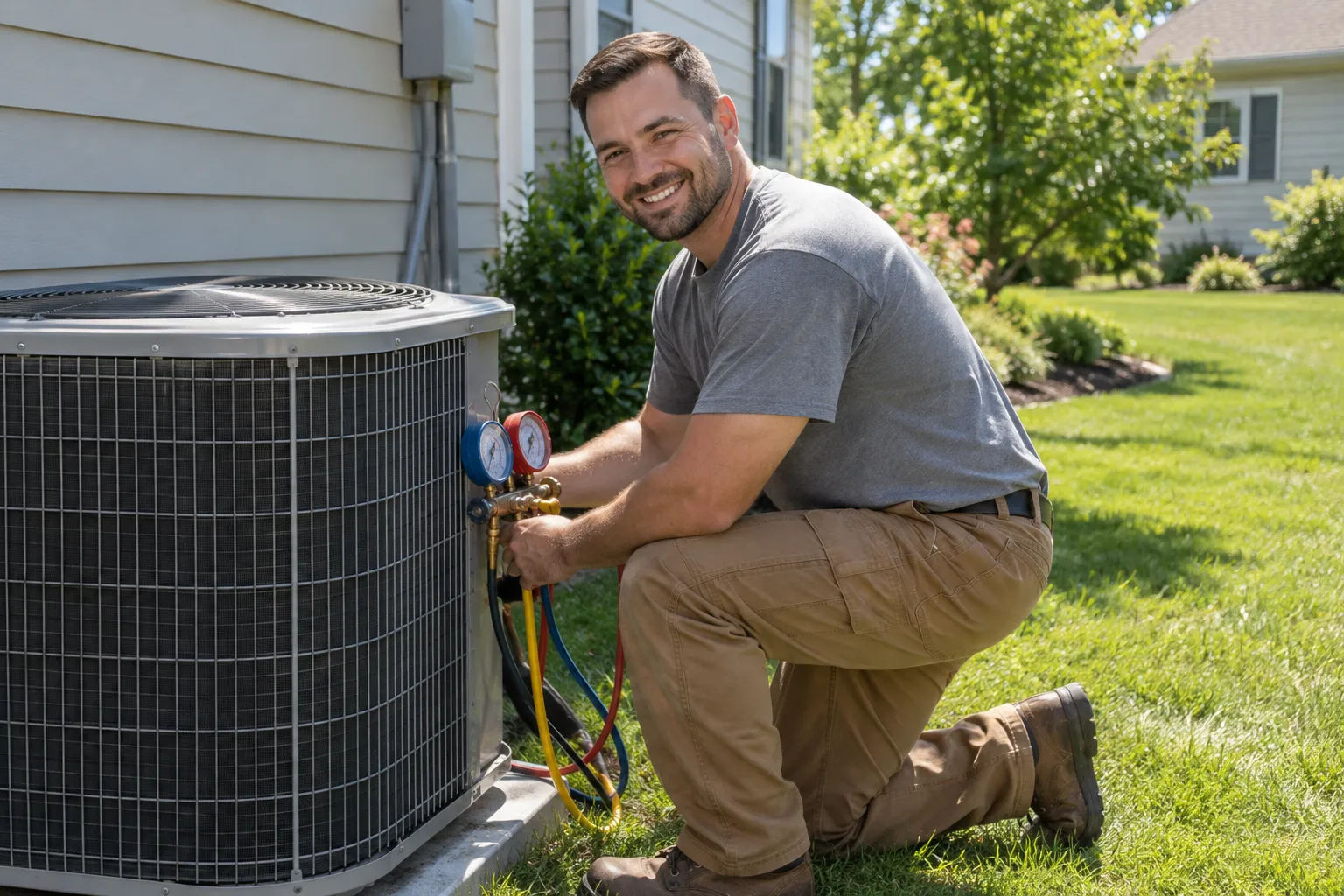 A friendly HVAC provider checking an outdoor AC unit near Hammond