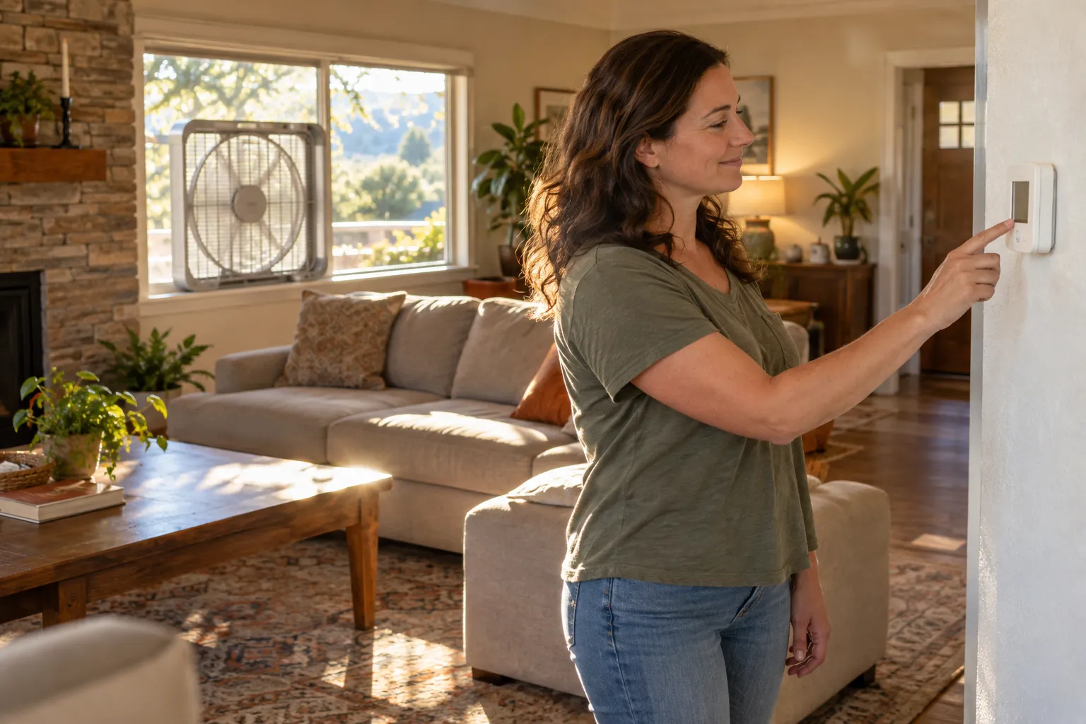 A homeowner checking a thermostat in a bright living room in Hammond